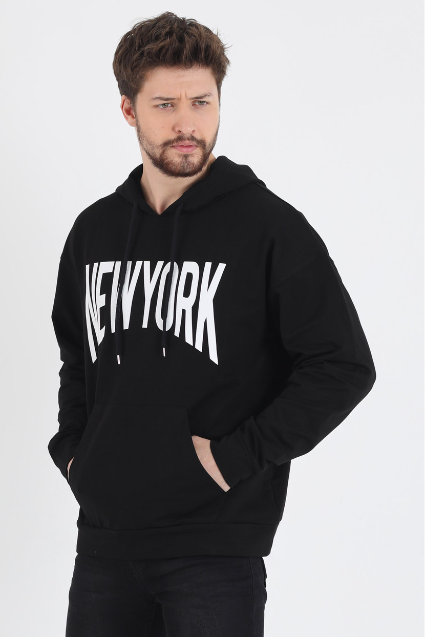 Twenty3 Erkek Baskılı Oversize Kapşonlu Kanguru Cep Sweat Shirt 