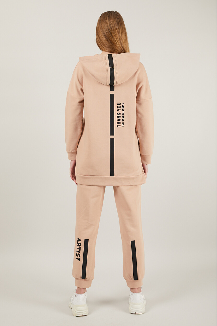 Twenty3 Kadın Baskılı Kapüşonlu Eteği Yırtmaçlı Beli Lastikli Paçası Ribanalı Eşofman Takımı