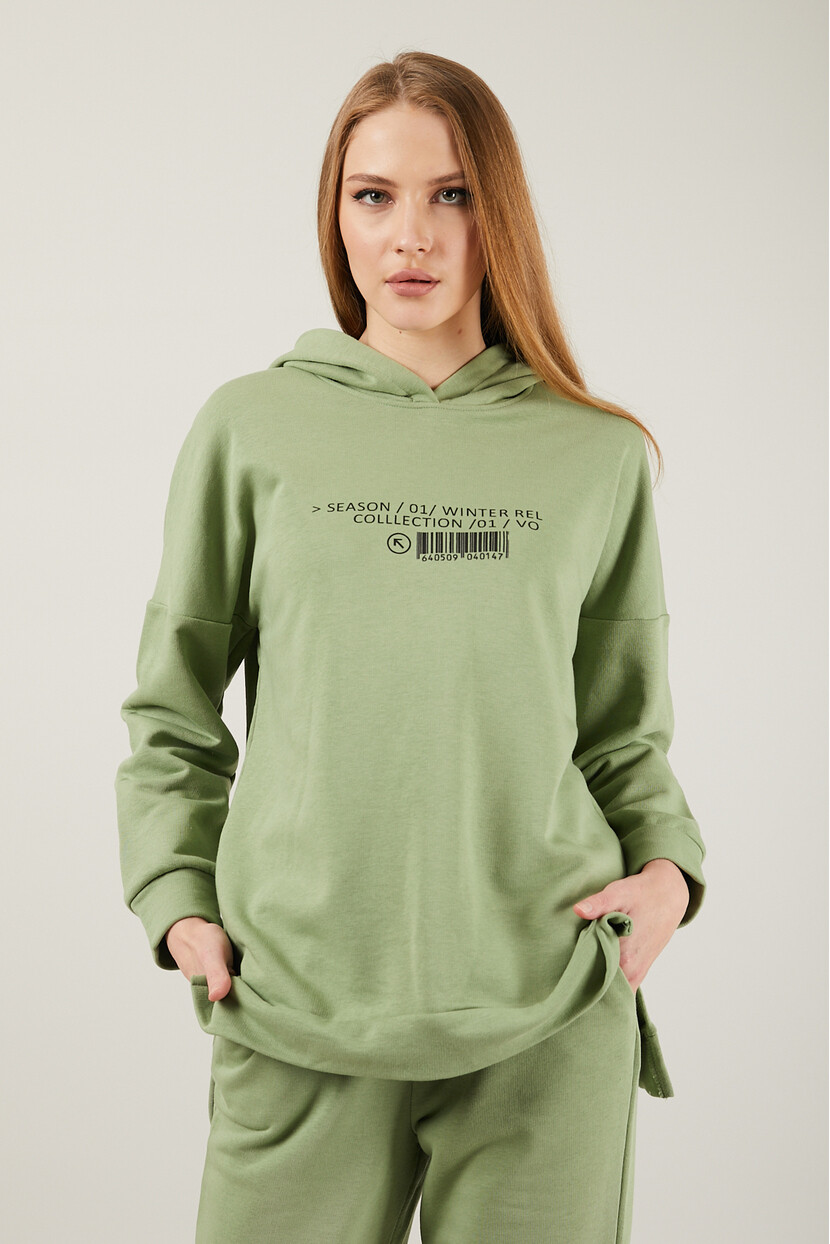 Twenty3 Kadın Baskılı Kapüşonlu Eteği Yırtmaçlı Beli Lastikli Paçası Ribanalı Eşofman Takımı