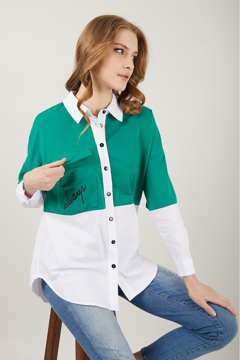 Twenty3 Kadın Baskılı Takma Cepli Önü Düğmeli Örme Detaylı İki Renkli Gömlek