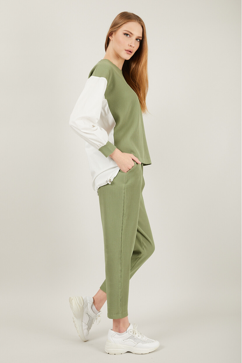 Twenty3 Kadın Gömlek Detaylı Geniş Yakalı Fitilli Paçası Düz Cepli Piliseli Eşofman Takımı