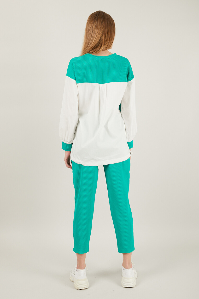 Twenty3 Kadın Gömlek Detaylı Geniş Yakalı Fitilli Paçası Düz Cepli Piliseli Eşofman Takımı