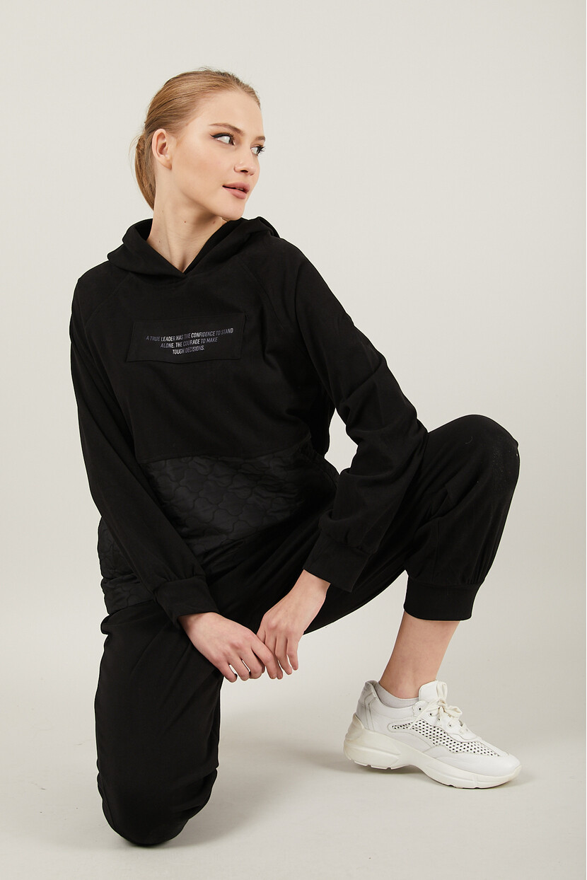 Twenty3 Kadın Kadife Dokulu Cepli Kapüşolu Kapitoneli Beli Lastikli Paçası Ribanalı Eşofman Takımı