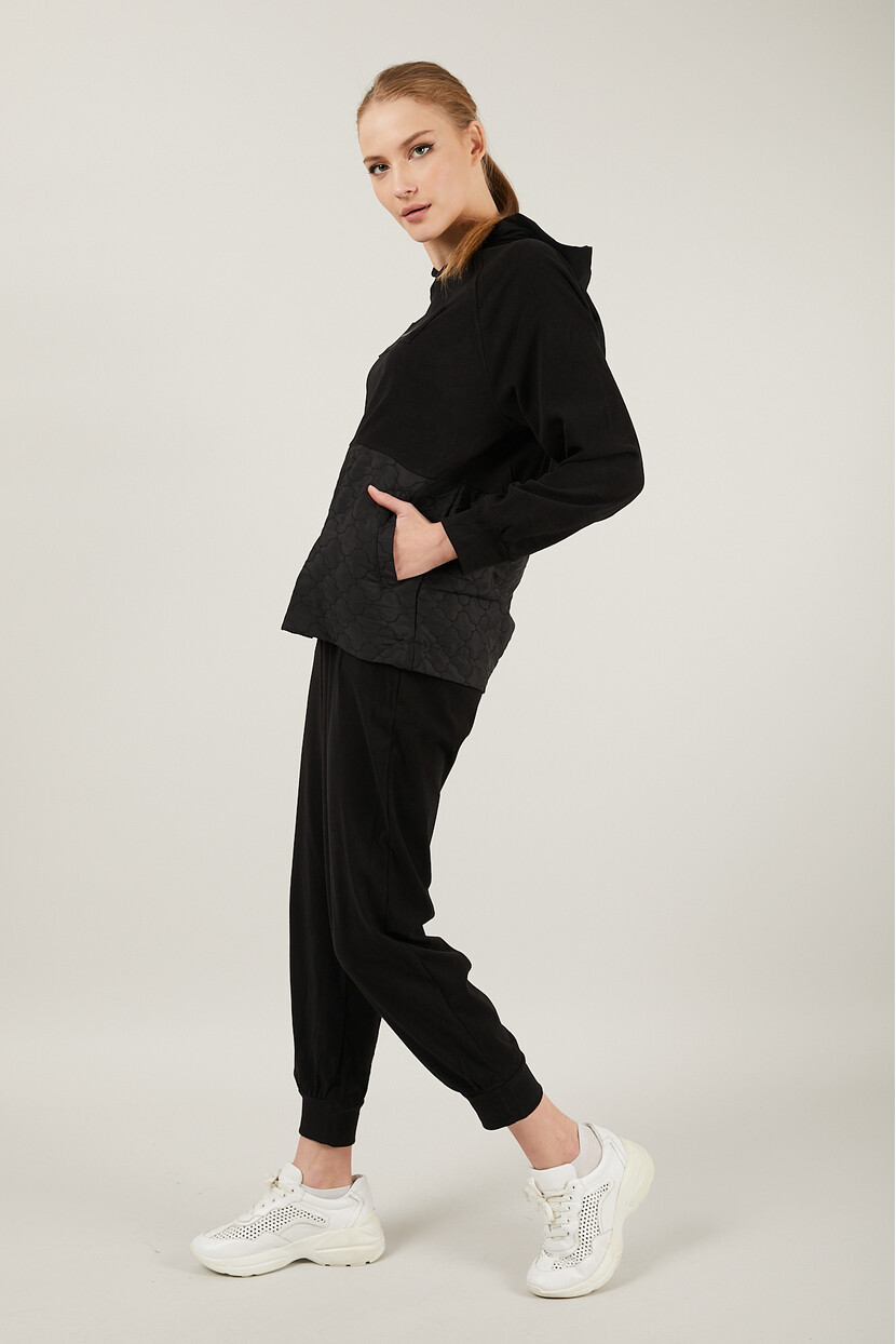 Twenty3 Kadın Kadife Dokulu Cepli Kapüşolu Kapitoneli Beli Lastikli Paçası Ribanalı Eşofman Takımı