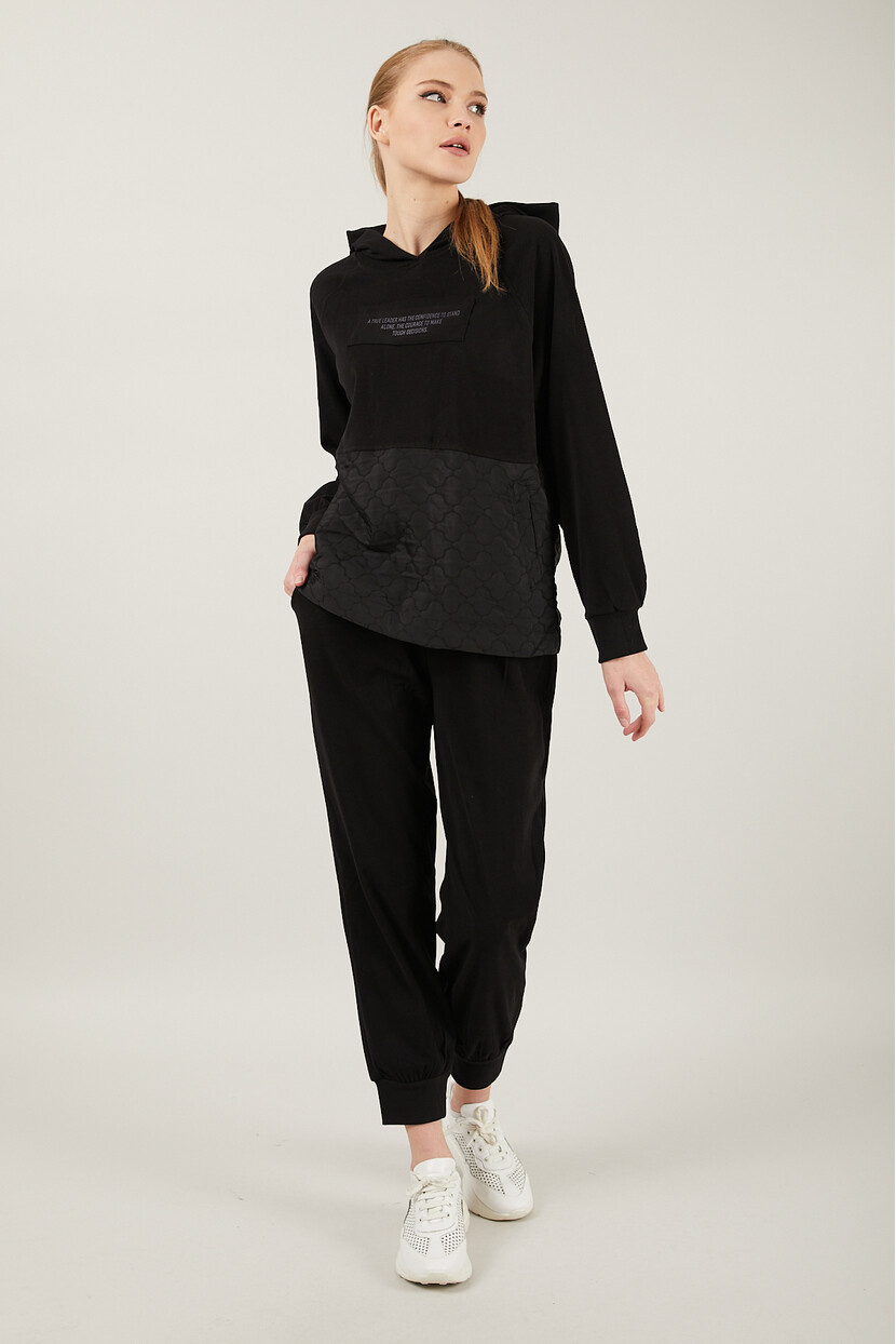 Twenty3 Kadın Kadife Dokulu Cepli Kapüşolu Kapitoneli Beli Lastikli Paçası Ribanalı Eşofman Takımı