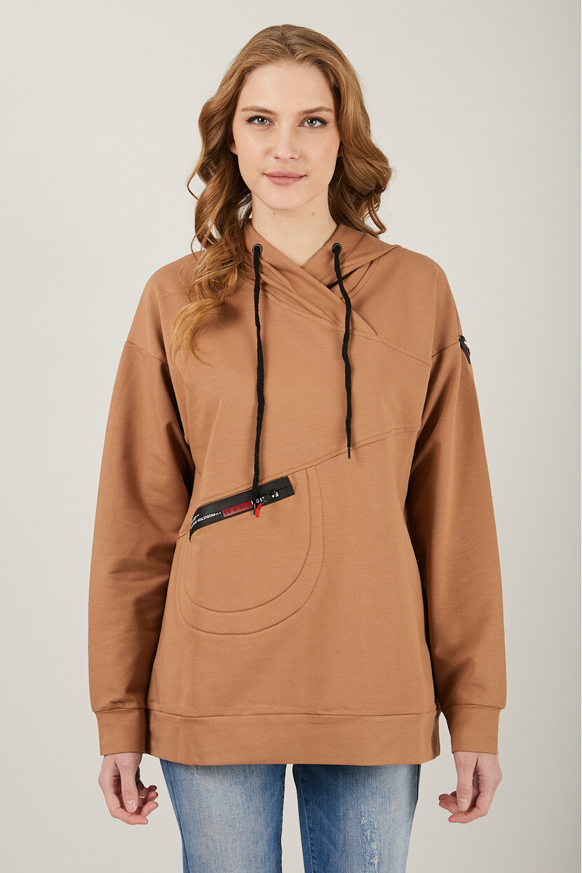 Twenty3 Kadın Kapüşonlu Yaka Detaylı Cepli Fermuarlı Oversize Sweatshirt