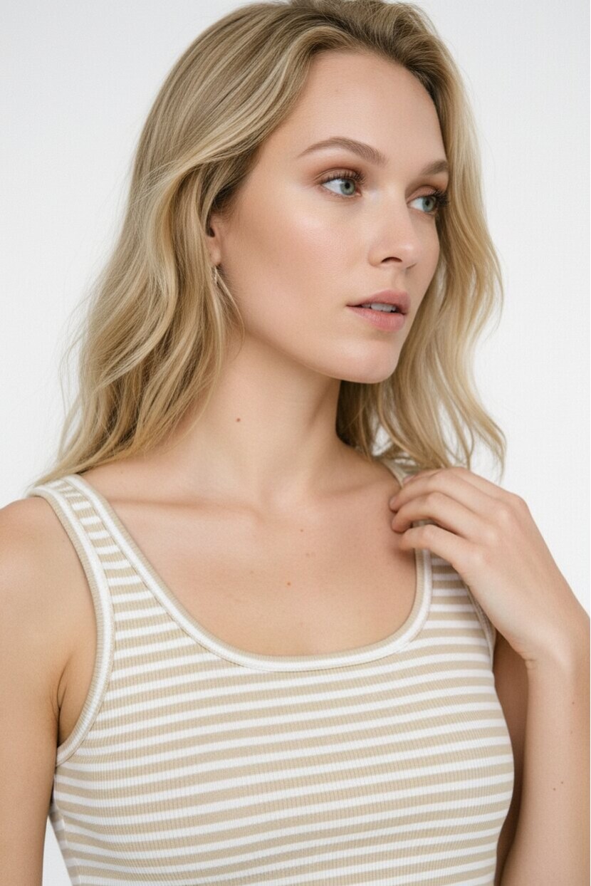 Kadın U Yaka Çizgili Pamuklu Ribana Atlet