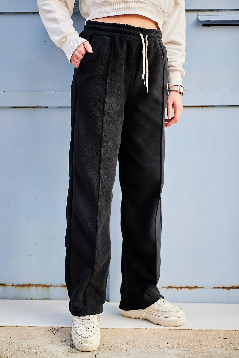 Twenty3 Kadın Polar Nervür Detaylı Etiketli Düz Paça Palazzo Eşofman Altı