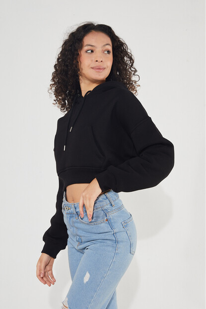 Twenty3 Kadın Kapüşonlu Kanguru Cepli 3 İplik İçi Polarlı Şardonlu Basic Kalın Crop Sweatshirt