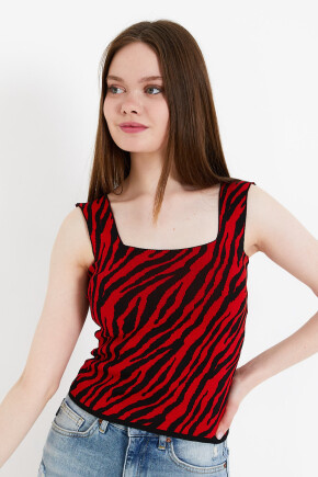 Twenty3 Kadın Jakarlı Zebra Desenli Kalın Askılı Crop Triko Atlet