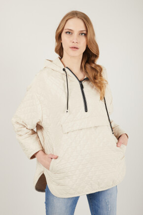Twenty3 Kadın Kapüşonlu Yarım Fermuarlı Cepli Kapak Detaylı Kapitone Oversize Sweatshirt