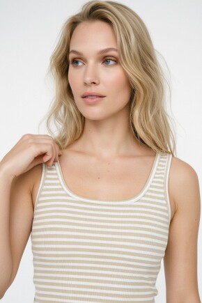 Kadın U Yaka Çizgili Pamuklu Ribana Atlet