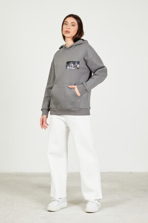 Twenty3 Kadın Kapüşonlu Kanguru Cepli 3 İplik Şardonlu Kalın Sweatshirt