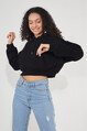 Twenty3 Kadın Kapüşonlu Kanguru Cepli 3 İplik İçi Polarlı Şardonlu Basic Kalın Crop Sweatshirt